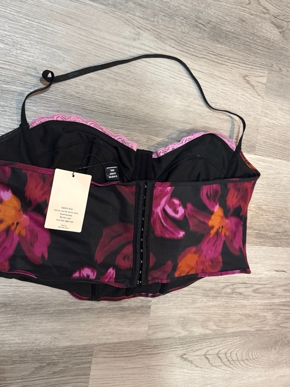 SHEIN Pink & Black Floral Lace-Trim Bustier Top - Picture 2 of 2